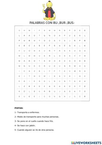 Sopa de letras: palabras con bu-,bur-,bus-