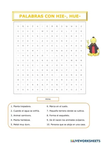 Sopa de letras - Palabras con hie-,hue-.