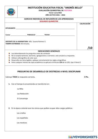 Examen Historia 3er curso BGU II Quimestre