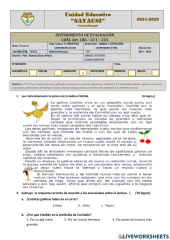 Examen segundo quimestre COMPRENSION LECTORA