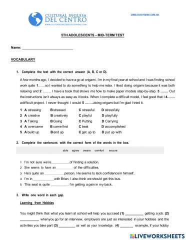 Grammar and Vocabulary test