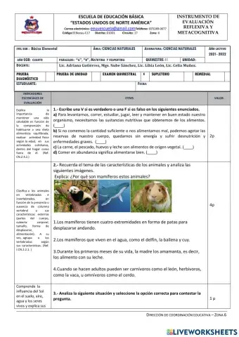 Evaluación quimestral Ciencias Naturales