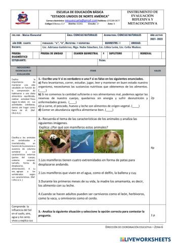 Evaluación quimestral Ciencias Naturales