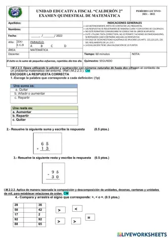 Examen matemática 2do año