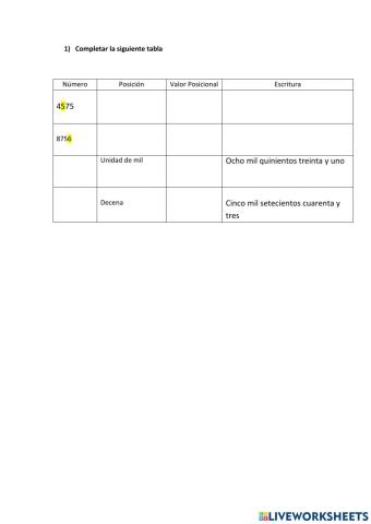 Valor posicional, lectura y escritura de números de hasta cuatro cifras