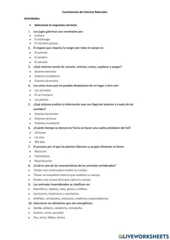 Cuestionario de Ciencias Naturales