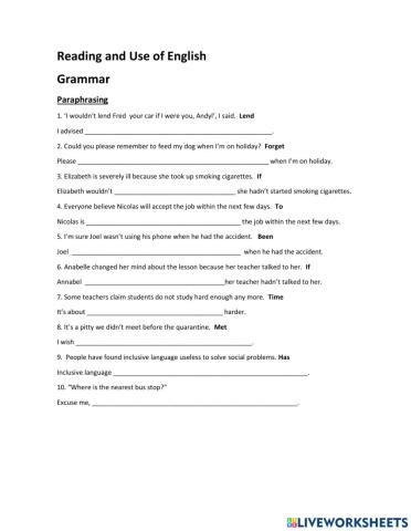 Senior 6 Reading and Greamma exersices