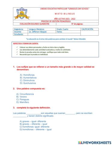 Evaluación cuarto de basica segundo quimestre