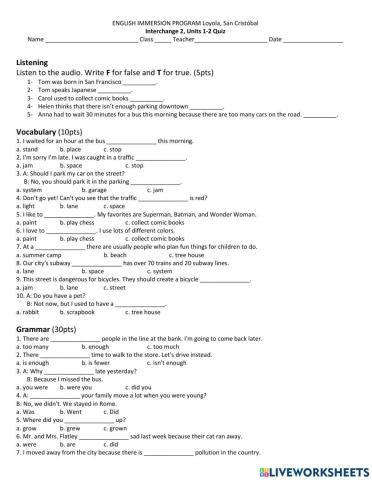 Unit 1-2 grammar quiz interchange 2