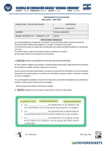 Evaluación segundo quimestre Ciencias Naturales