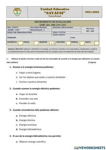 Examen quimestral de ciencias naturales