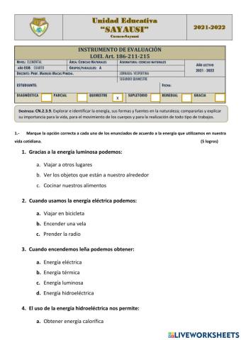 Examen quimestral de ciencias naturales