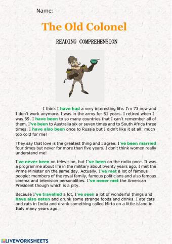 Present perfect reading comprehension