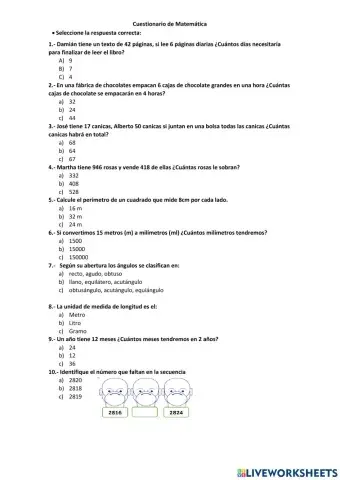 Cuestionario de Matemática