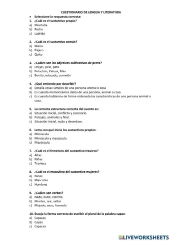 Cuestionario de lengua y literatura
