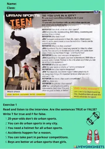 Unit 1: Reading - Urban sports
