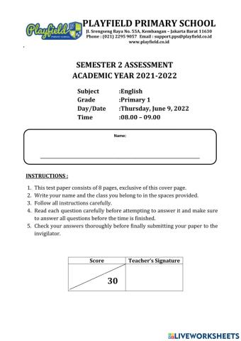 Primary 1 Semester 2 English Assessment