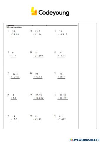 Addition and Subtraction of Decimals Concept HW
