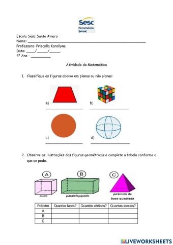 Atividade de Matemática - Revisão sobre sólidos geométricos (4º Ano) 30-06-2022