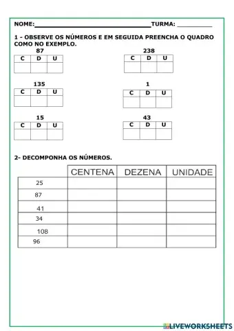 Centenas, dezenas e unidades