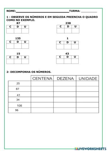 Centenas, dezenas e unidades