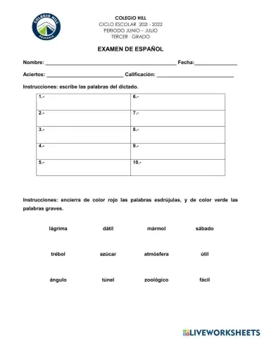 Examen mensual de español JUNIO