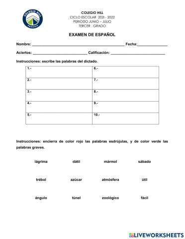 Examen mensual de español JUNIO