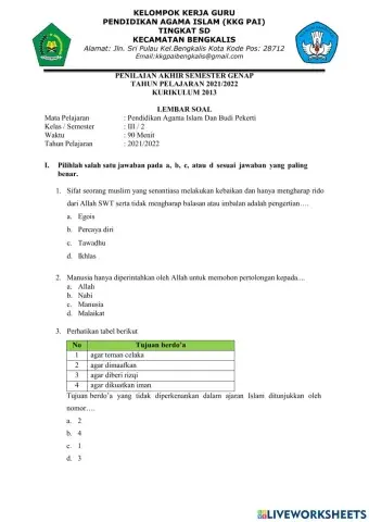 Soal Pendidikan Agama Islam dan Budi Pekerti