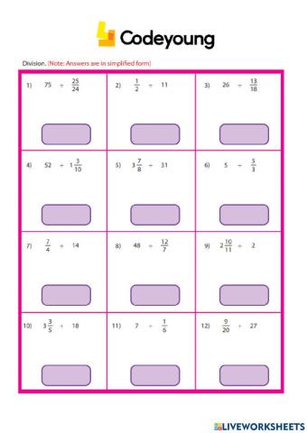 Division of Fractions by Whole Numbers Concept Hw