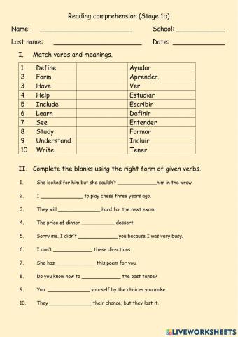 Reading comprehension (Stage 1b)