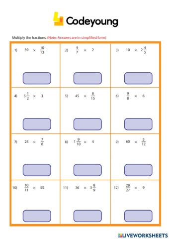 Multiplication of Fractions  by whole numbers Concept CW