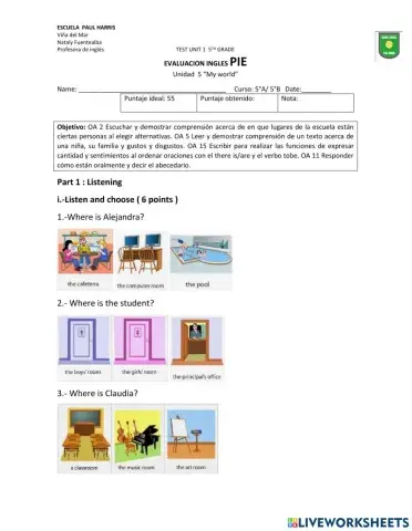 Test unit 1 5th grade