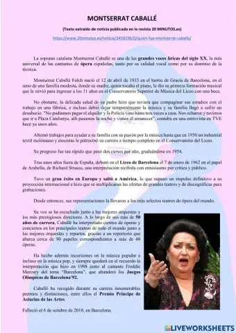 Lectura comprensiva sobre Montserrat Caballé