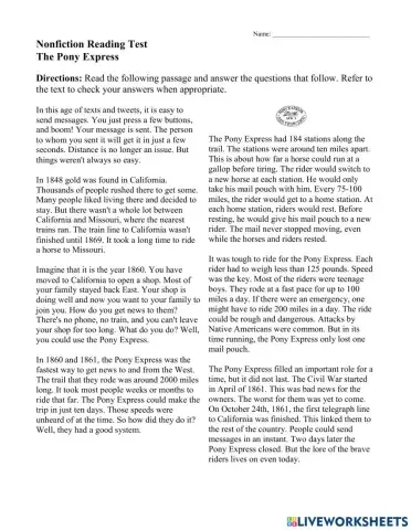 Nonfiction Reading Test The Pony Express