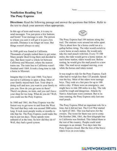 Nonfiction Reading Test The Pony Express