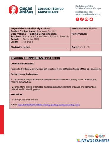OBSERVATION 3 - READING COMPREHENSION SECTION - 7th GRADES