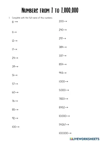 Numbers from 1 to 1000000