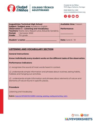 Observation 3 - listening and vocabulary section