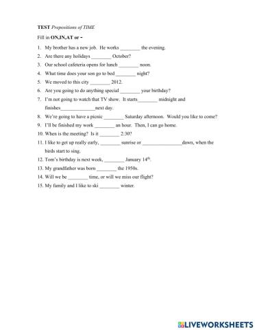 Prepositions of time test