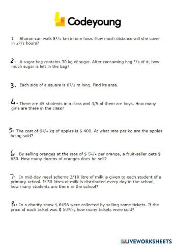 Applied Problems on Fraction Multiplication and Division Concept CW
