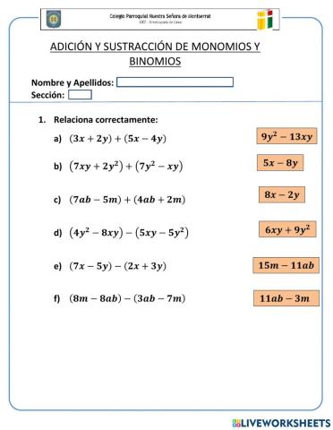 Suma y Resta de Monomios y Binomios