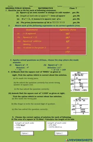 Square & sqaure root  worksheet
