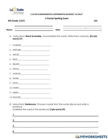 Spelling Exam 4th II Partial