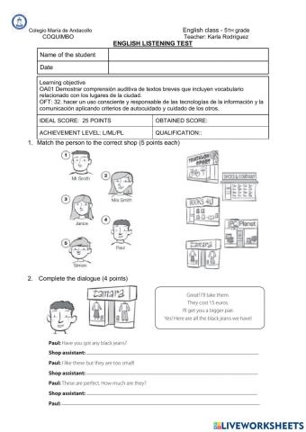 LISTENING TEST FOR FIFTH 