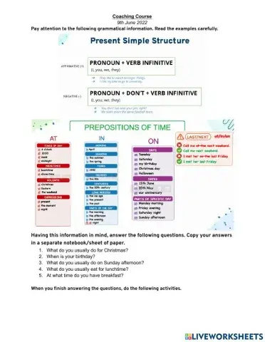 Past Simple and Prepositions of Time