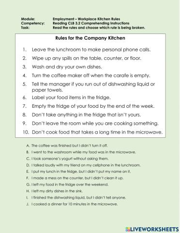 Reading 3.2 CI - Understand Workplace Kitchen Instructions