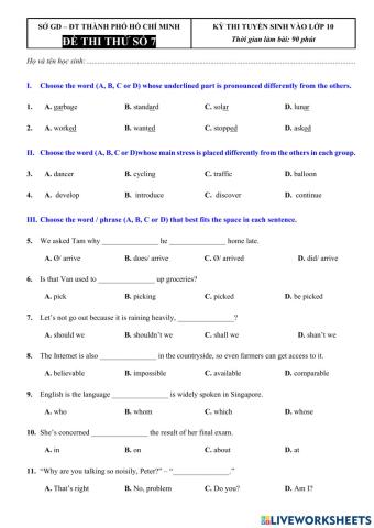 Đề 7 - TS 10 tphcm 2022