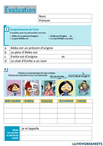 Faire l'interview d'un(e) camarade sur son identité, décrire le caractère