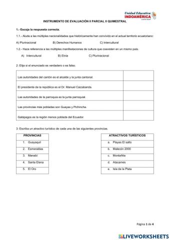 Evaluación quimestral de Estudios Sociales
