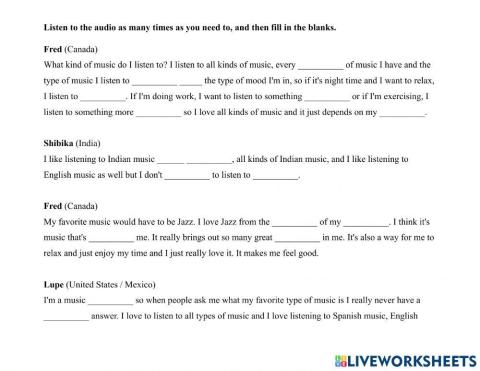 Music-6 ppl Favorite Music Genre Dictation Exercise